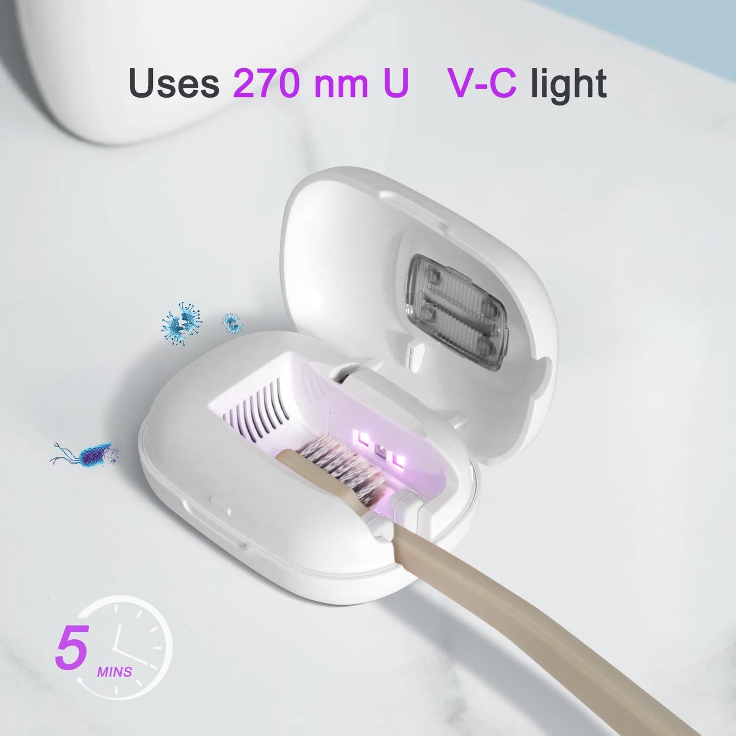 ELMWAY Toothbrush Holder, Toothbrush Cleaner Case, Portable USB Charging Toothbrush Cover with U V-C Light, Travel Toothbrush Holder (White-Fan-Heat)