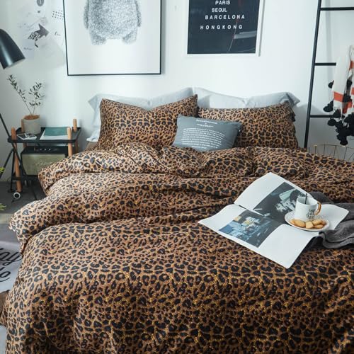 Queen Size Leopard Print Comforter Set - 3 Pieces Animal Cheetah Bedding with Pillowcases
