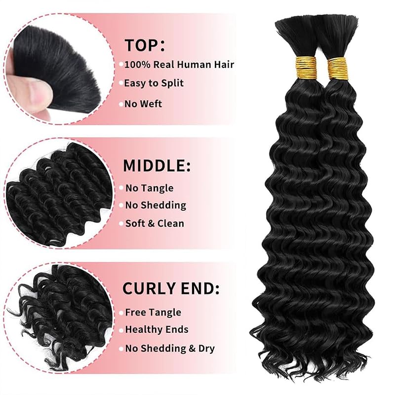 Deep Wave Human Braiding Hair Bundles 18 Inch – Brazilian Virgin Curly Hair for Boho Braids