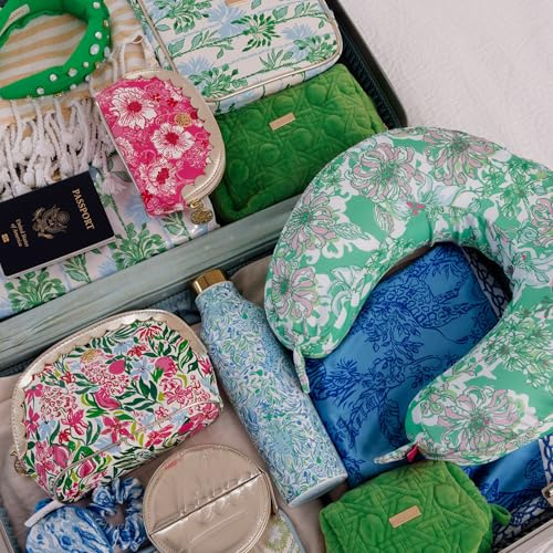 Lilly Pulitzer Gold Quilted Zipper Pouches, Cute Cosmetic Case for Women, Travel Toiletry Bag, Small Pouch Bag for Supplies, Set of 2, Makeup or Toiletries (Peninsula Green)