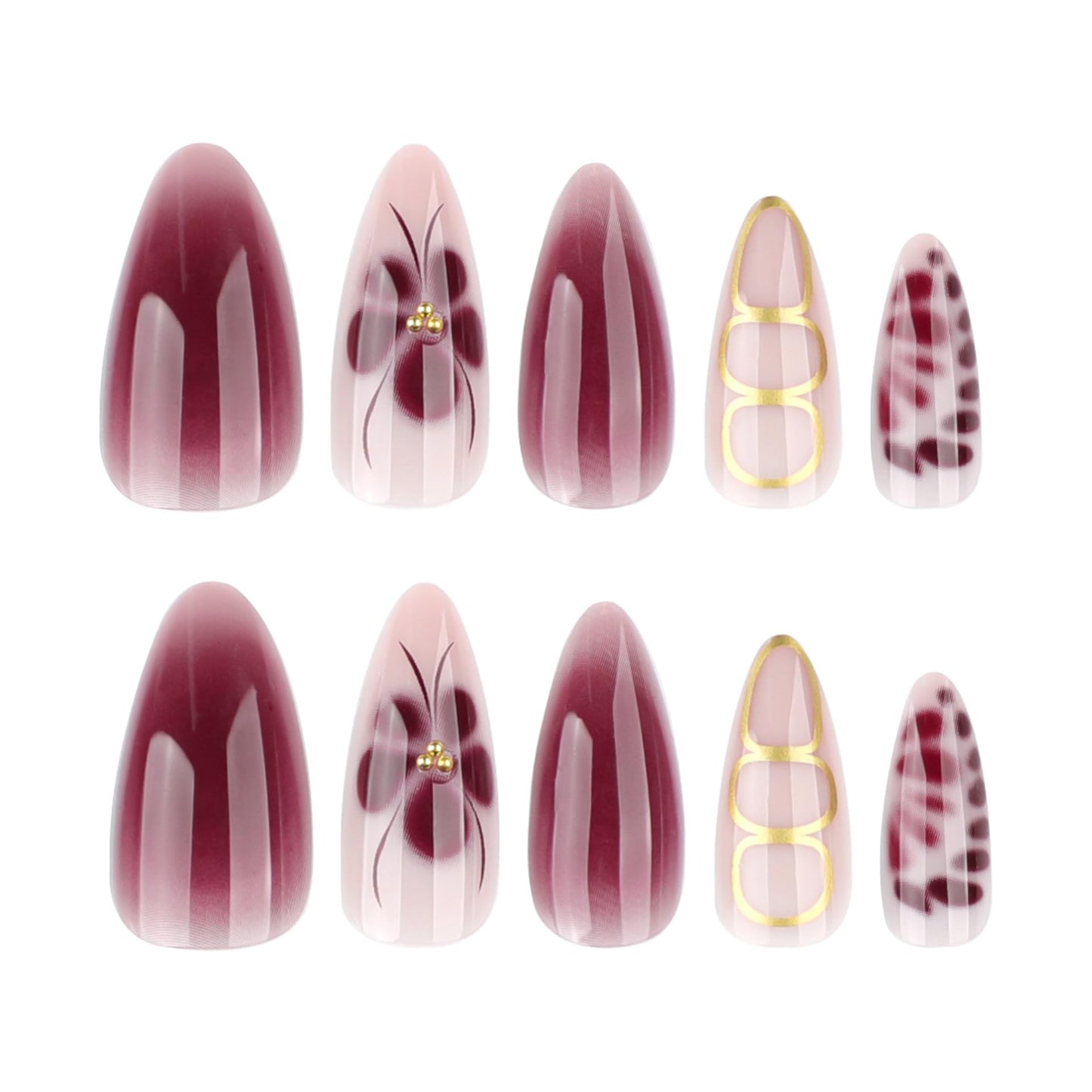 Dark Red Flower Press on Nails Short Almond Fake Nails with Floral Designs Cute Spring False Nails Glossy Gel Acrylic Nails Full Cover Glue on Nails Summer Ombre Stick on Nails for Women 24Pcs