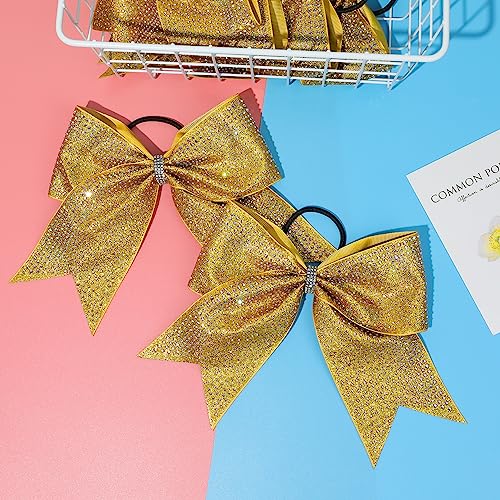 Cheerleader Hair Bows 6-Pack 8 Inch Glitter Gold Rhinestone Cheer Hair Accessories for Girls - Variation: Glitter Gold + Full Rhinestone