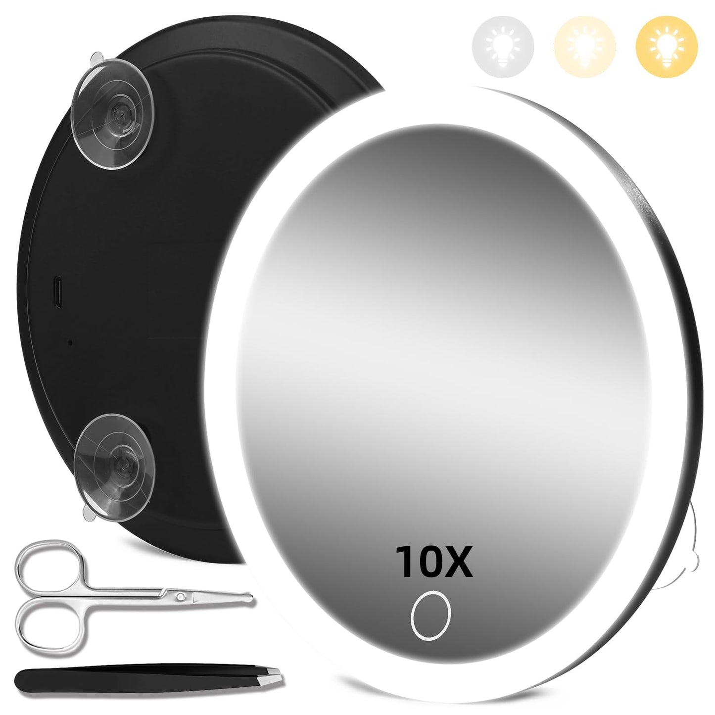 JJhxr 10X Magnifying Mirror with Lights, 10x Magnified Mirror with 3 Suction Cups, 3 Color Dimmable Lighted Makeup Magnification 6inch Travel 10X Magnification with Tweezers & Scissors