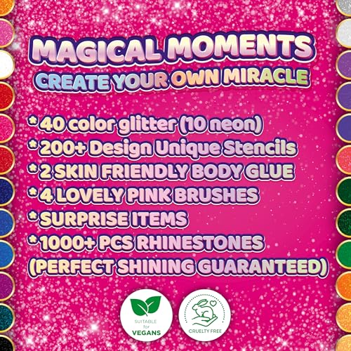 40 Colour - Glitter Tattoos for kids, Glitter tattoo kit, Temporary Tattoos for kids, Face glitter, 200+ Stencils, 40 Colour (10 neon), Rhinestones, Girls birthday present, Face Glitters