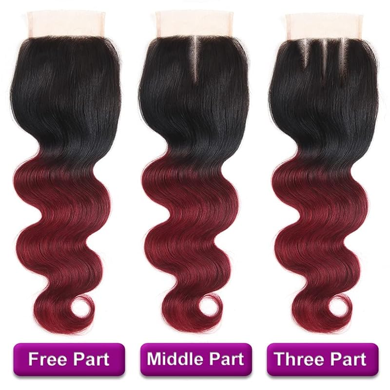 Isufer Brazilian Body Wave 4x4 Lace Closure 100% Virgin Hair 8 Inch 1B/99J Burgundy