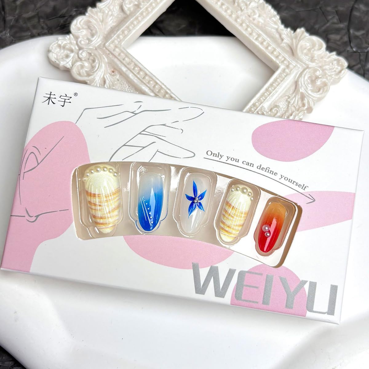 30Pcs Summer Press on Nails Medium Almond Fake Nails 3D Red Blue Flower with Pearl Full Cover Artificial Cute Shell Glue on Nails Summer False Nails Stick on Nails for Women Girls Acrylic Nails DIY