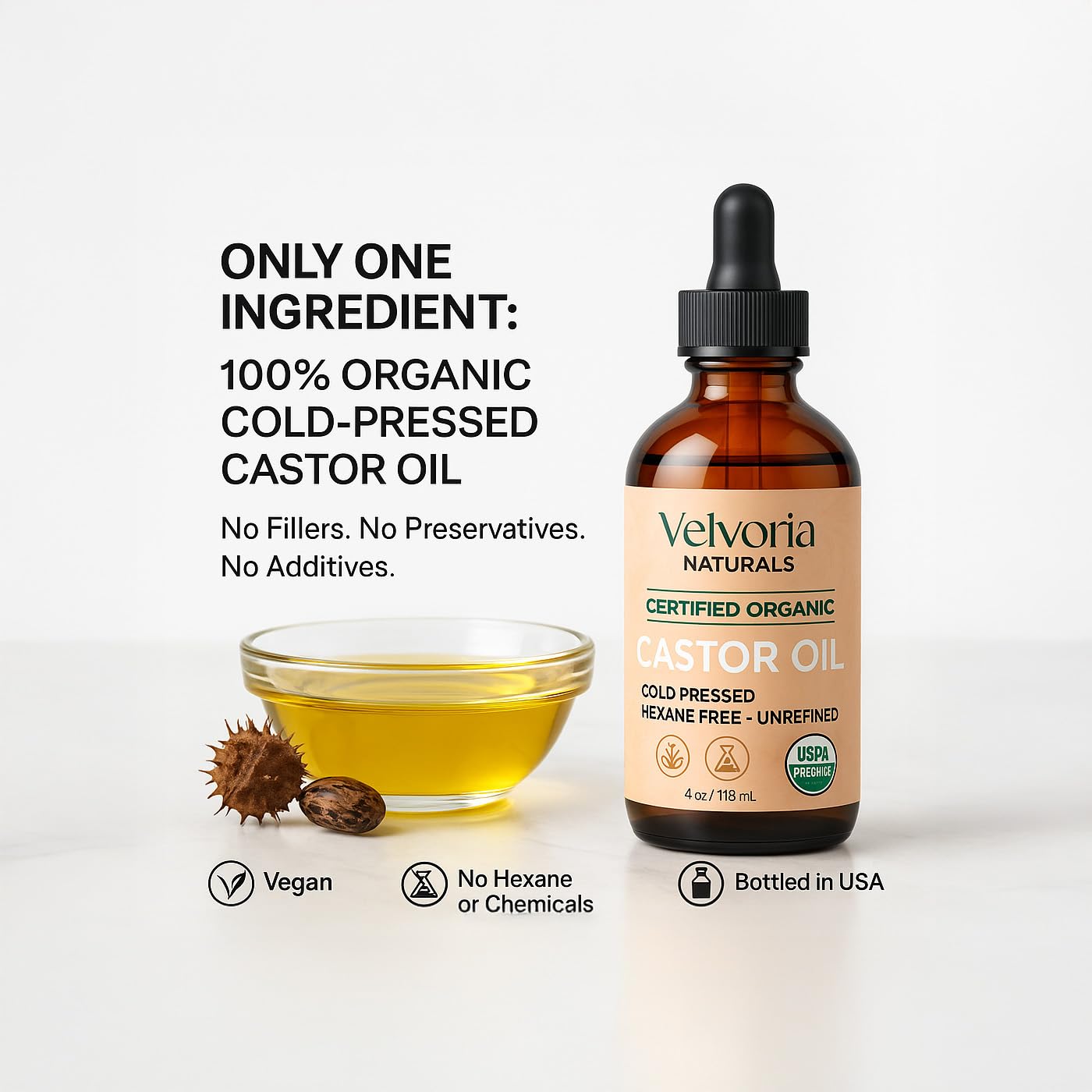 VELVORIA NATURALS Castor Oil Organic Cold Pressed Hexane Free - 4oz Glass Bottle. Pure Natural Oil for Hair, Eyelashes, Eyebrows.