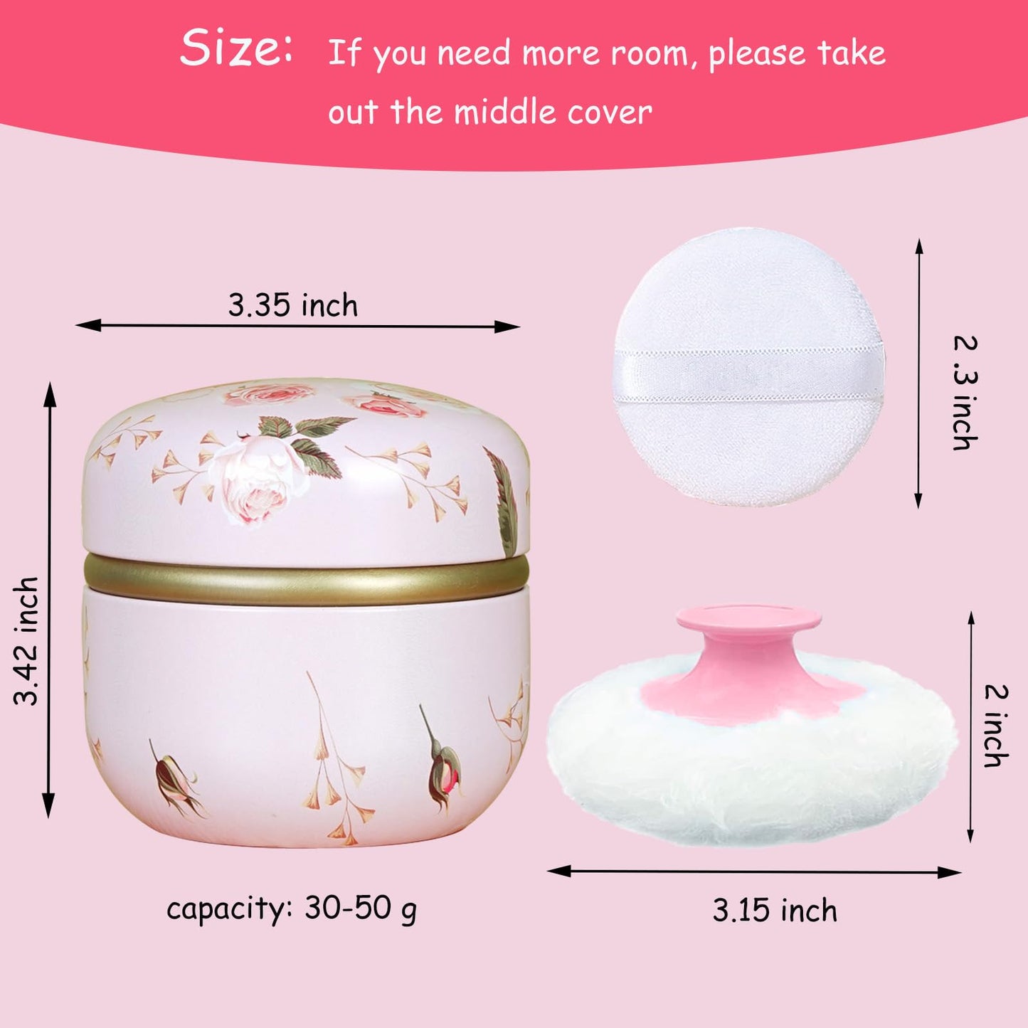 Qopoto Body Powder Puff and Container for Dusting Powder, Women Powder Puff and Powder Case for Bath and Travel (Romantic Flowers)