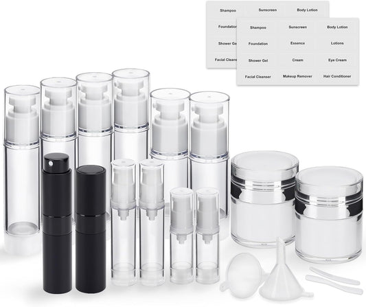 20 Pack Travel Pump Jars & Atomizer Spray Bottles - Leak Proof Cosmetic Containers for Shampoo, Lotion, Essential Oils