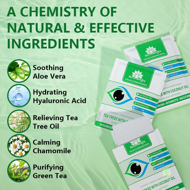 60 Pcs Tea Tree Oil Eyelid Cleansing Lash Wipes with Coconut Hyaluronic Acid Green Tea Chamomile Aloe Vera Itchy Stye Eyes Relief Natural Individually Wrapped Makeup Remover Daily Cleanser