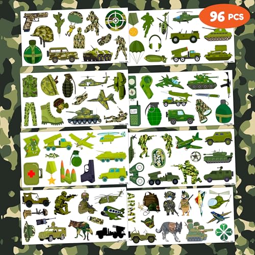 96 PCS Military Camouflage Temporary Tattoos Themed Army Birthday Party Decorations Supplies Favors Decor Camo Soldier Tank Helicopter Tattoo Stickers Gifts For Kids Adults Boys Girls Prizes Carnival
