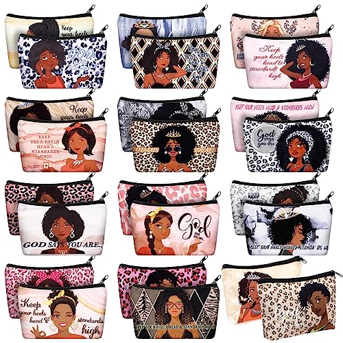 Talltalk 24 Pcs African American Black Makeup Bags for Women Toiletry Canvas Zipper Makeup Bags Black History Month Women Gifts Cosmetic Pouch Reusable Multipurpose Organizer
