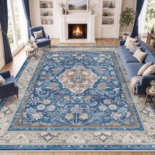 SameBed 8x10 Blue Vintage Washable Area Rug Living Room Carpet