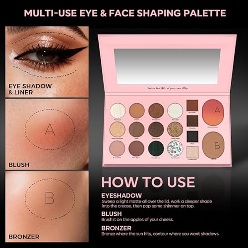 5-in-1 Backed Eyeshadow Makeup Palette with Blush Bronzer Highlighter, Natural Nude Eye Shadow Palettes 18 Colors Matte Shimmer Glitter Tone Long Lasting Smudge-Proof, Ideal Gifts for Women