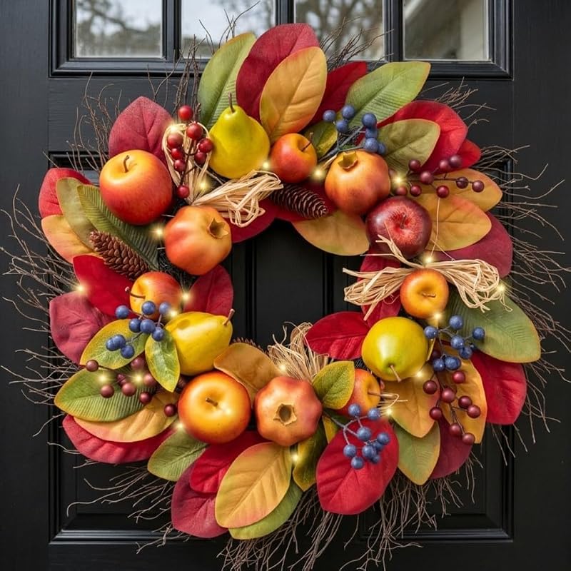 24-Inch Collapsible Pre-Lit Fall Wreath with Apples Berries & Lights