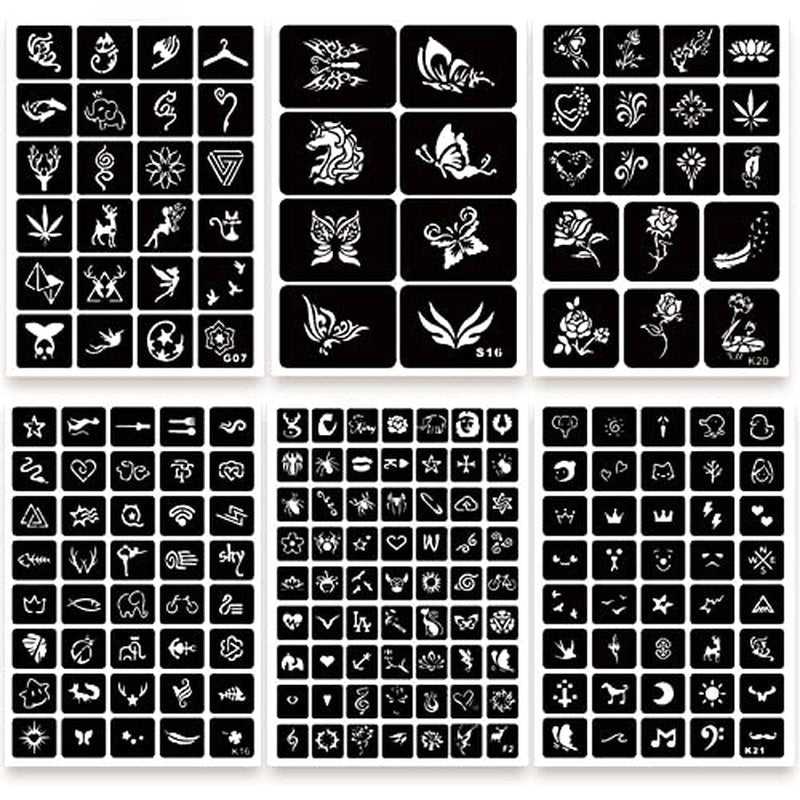 575pcs Temporary Tattoo Stencils, 20 Sheets Henna Tattoo Stencil Kit for Women Man Face Body Paint DIY Art Reusable Glitter Tattoo Stencils Pack