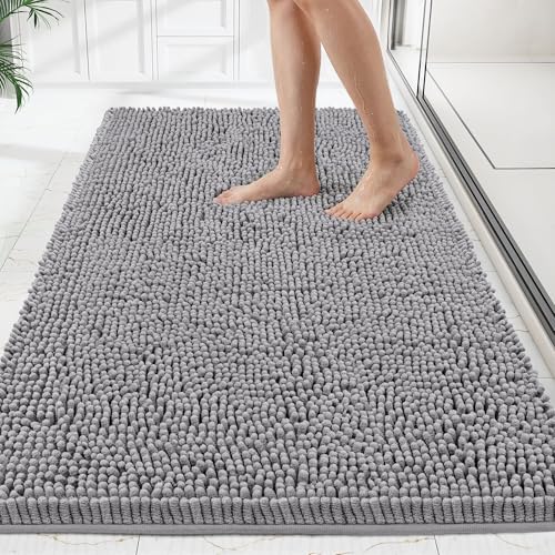 60 x 36 Inch Grey Chenille Bath Rug - Soft, Absorbent, Quick Drying Bathroom Mat with Rubber Backing