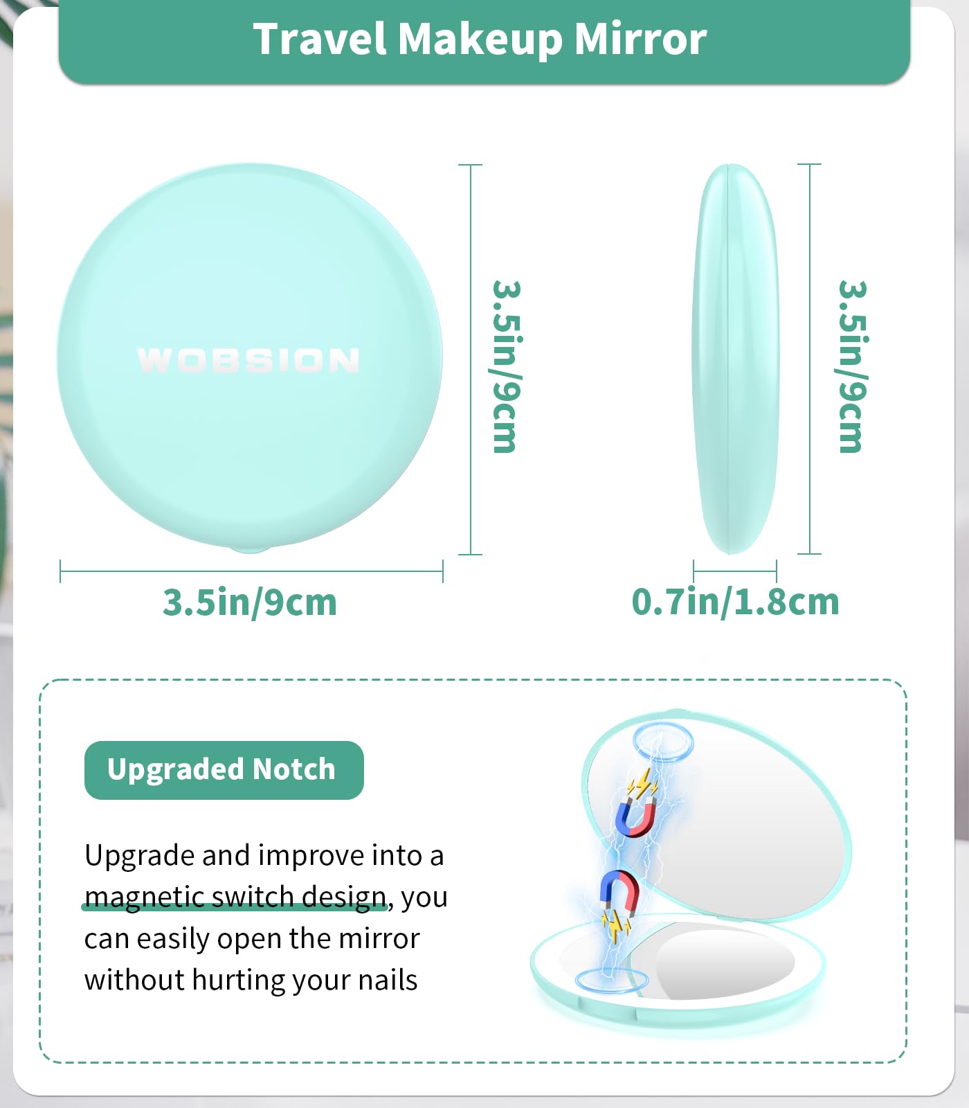 wobsion LED Lighted Travel Makeup Mirror, 1x/10x Magnification, Compact, Portable for Handbag, Purse, Pocket, 3.5 inch Illuminated, Folding, Handheld, 2-Sided, Round, Cyan