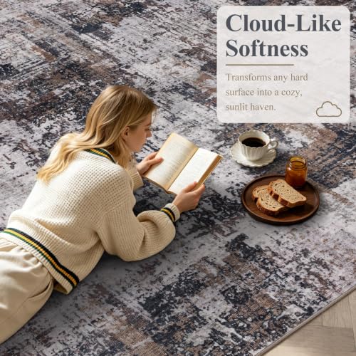 8x10 Modern Abstract Washable Area Rug - Black & Brown, Non-Slip, Soft Faux Cashmere
