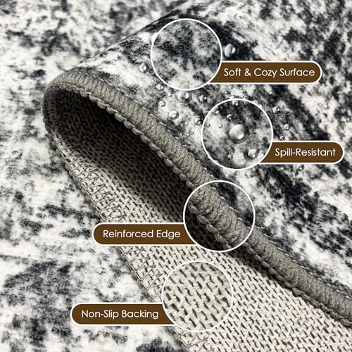 HIRUG 9' x 12' Washable Vintage Persian Area Rug - Foldable Non-Slip Carpet in Graphite and Mist