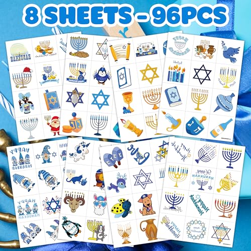 96 PCS Happy Hanukkah Pre-cut Temporary Tattoos Sticker Birthday Light Chanukah Party Decorations Supplies Favors Boys Girls Menorah Star David Dreidel Cute Fake Tattoo Reward Themed Christmas Holiday