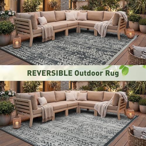 Outdoor Waterproof Rug 8x10 ft Patio Rug Mat for Balcony Deck Camping Beach Grey