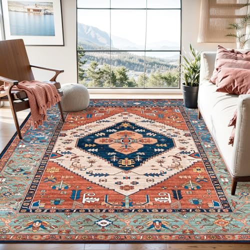 8x10 Rust Washable Boho Southwestern Area Rug - Large Vintage Oriental Design