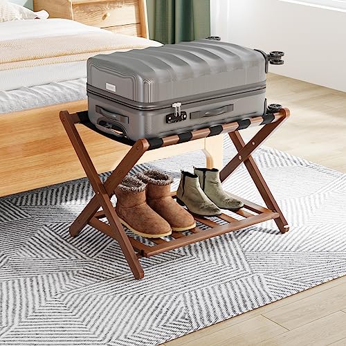 Walnut Fully Assembled Luggage Rack with 5 Nylon Straps – Foldable Suitcase Stand for Guest Room