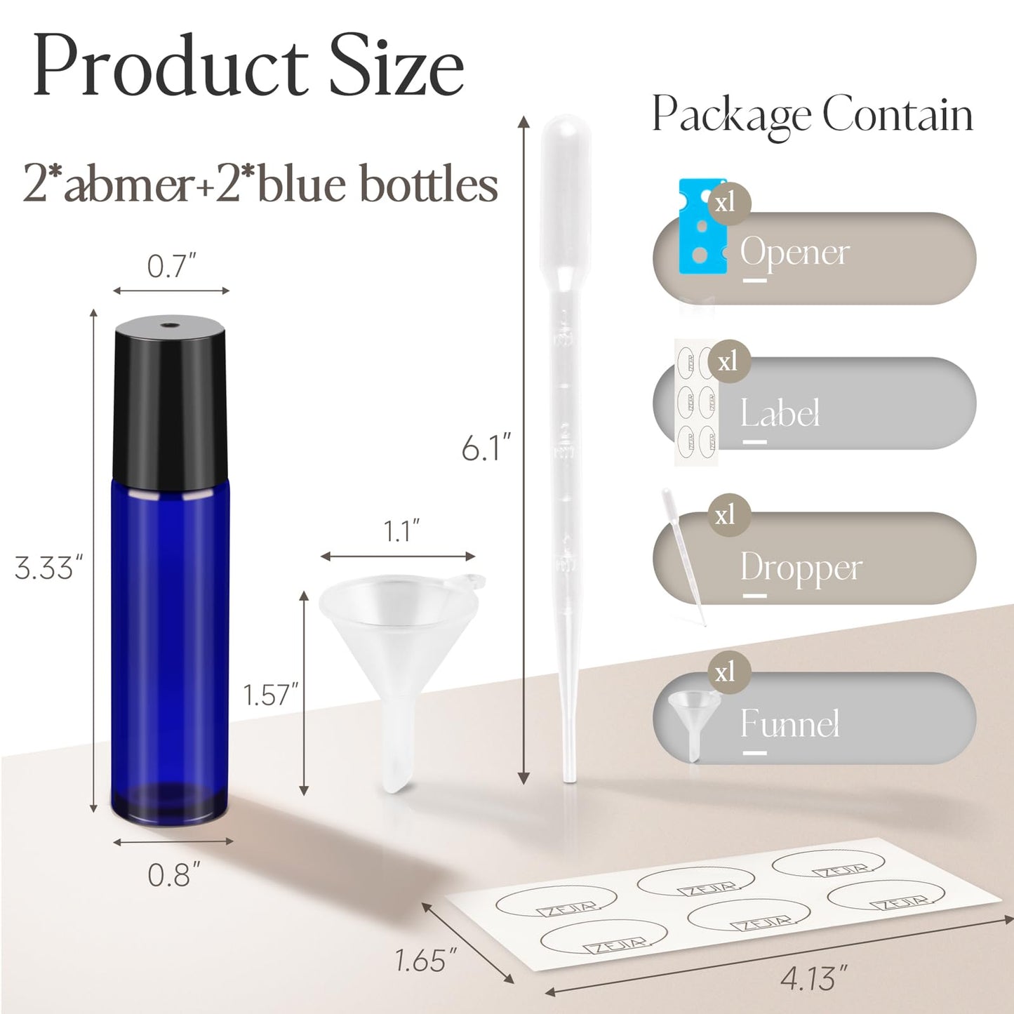 ZEJIA 10ml Roller Bottles for Essential Oils, 4 Pack Glass Roll on Bottles, Refillable Perfume Bottle, with Stainless Steel Roller Balls, 2 Droppers, 1 Opener, Labels (Amber+Blue)