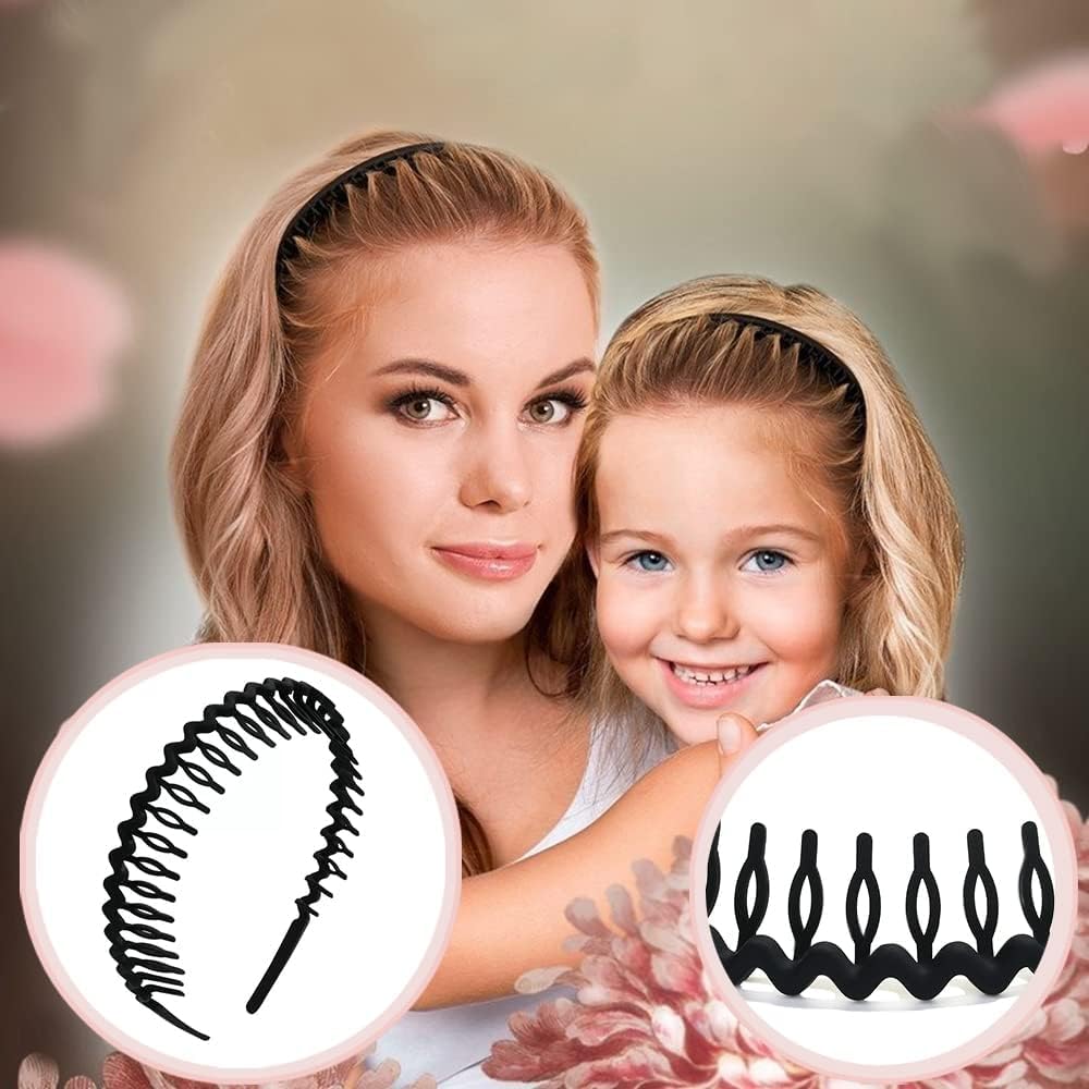 ULTIMUTE 8 PCS Fashion No Slip Effortless Plastic Headbands with Teeth Comb Black Skinny Hair Accessories Bands for Women Men Teen Girls, Matte Black