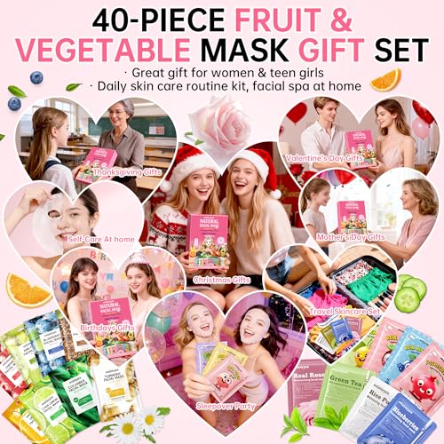 40Pcs Collagen Face Masks Skincare Set for Women, Spa Face Mask with Collagen Extract, Bulk Facial Mask for Teen Girls, Korean Face Mask Sheet Gift for Sensitive Skin, Daily Hydrating Skincare Routine