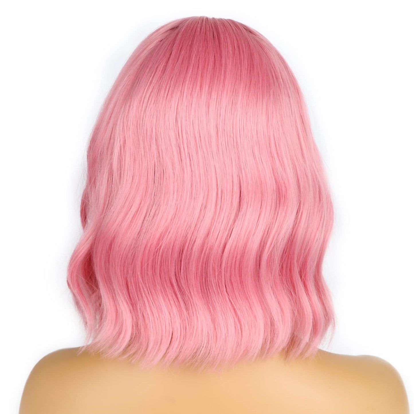 LANCAINI Pastel Bob Wigs with Bangs for Women Loose Wavy Wig Pastel Wavy Shoulder Length Bob Synthetic Cosplay Wig for Girl Colorful Costume Wigs (Pink)