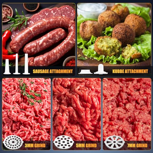 Electric Meat Grinder with Kubbe & Sausage Attachments - Silver