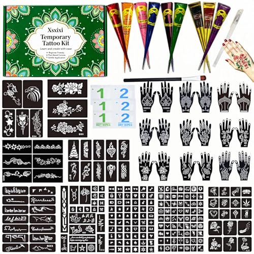 Temporary Tattoo Kit with 225 Reusable Stencils & 9 Colors - DIY Body Art Set - Variation of 9 pcs (9 Colors)