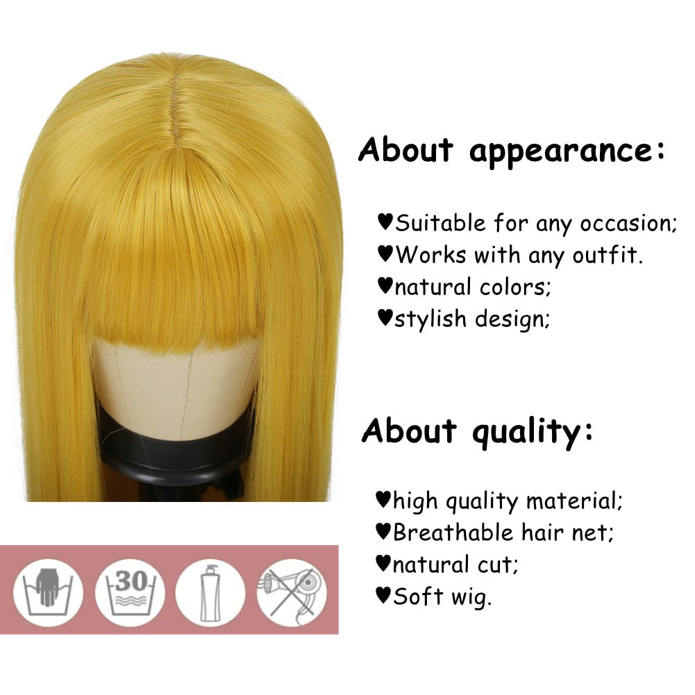 Tseses Yellow Long Straight Wig with Bangs for Women Cosplay Halloween Party Daily Hair Wigs Heat Resistant Synthetic Halloween Wig