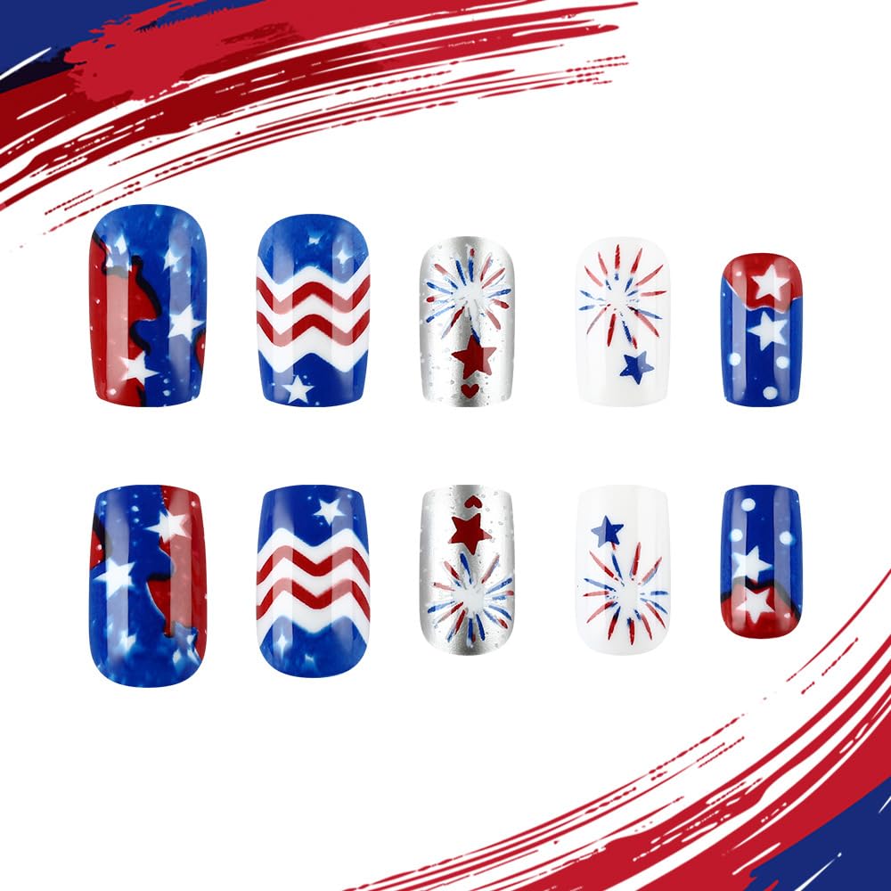 24 Pcs 4th of July Press On Nails Short Square,YEFIUO Blue Silver White Fake Nails Press ons Nail Art Tips Acrylic Nail Kit Glue on Nails Full Cover False Nails with Independence Day Design for Ma'am
