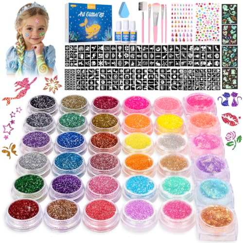 Kids Glitter Tattoo Kit with 36 Colors Glow in Dark & Body Art Supplies