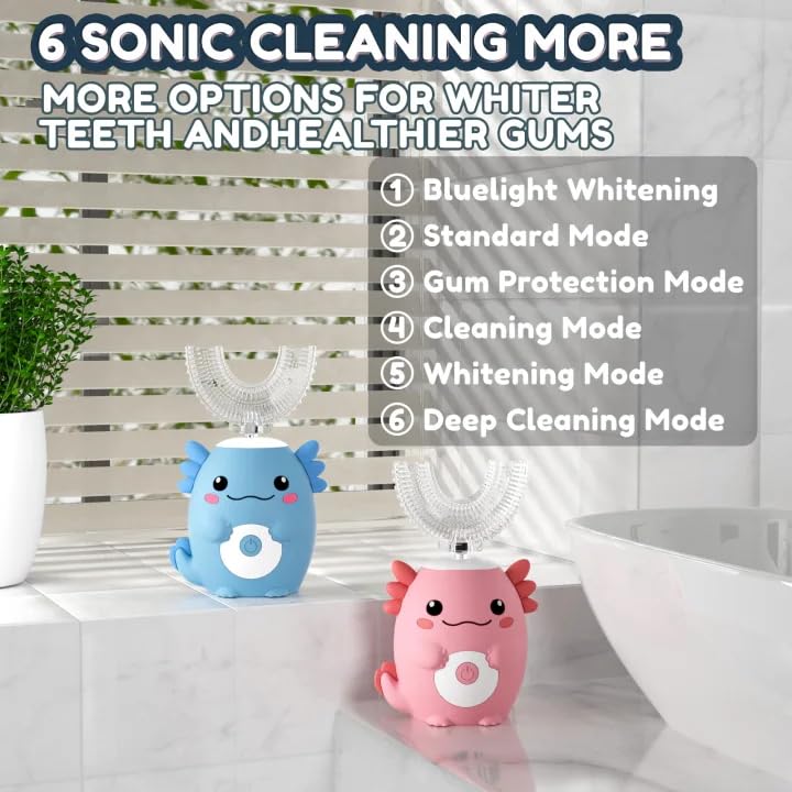 Kids U-Shaped Electric Sonic Toothbrush with Toothpaste - Pink Axolotl