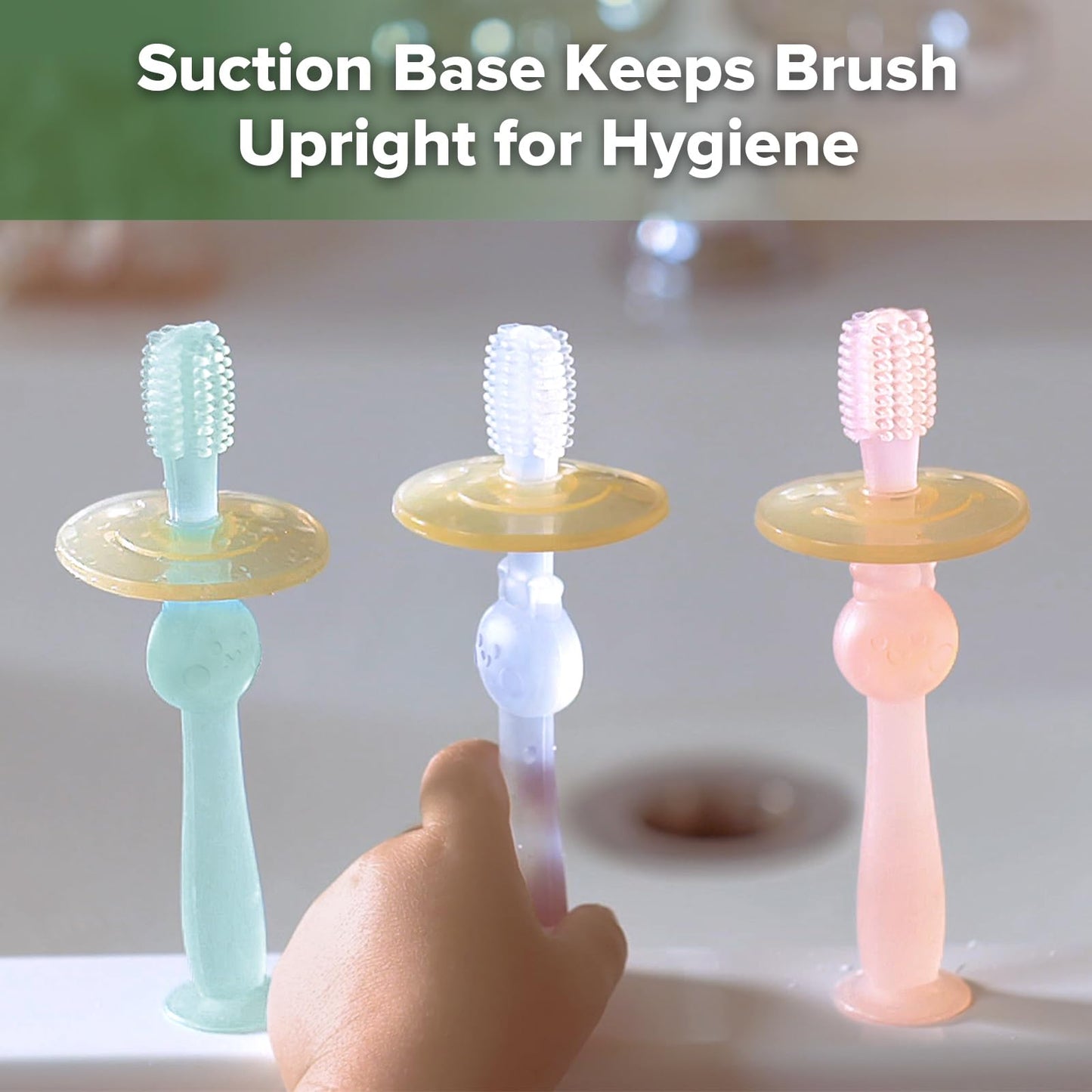 haakaa 360° Baby Toothbrush with Suction Base - Gentle Cleaning for Toddler's Self-Brushing Training, Food-Grade Silicone, Adjustable Safety Shield - Blue (1 Piece)