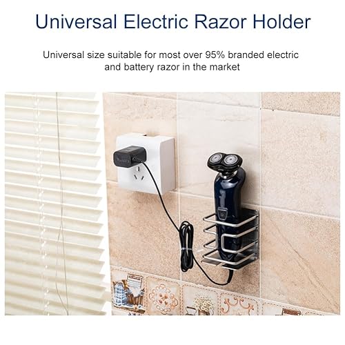 Electric Razor Holder Wall Mounted, 304 Stainless Steel Shaver Rack with 3M Self-Adhesive, Space-Saving Bathroom Organizer