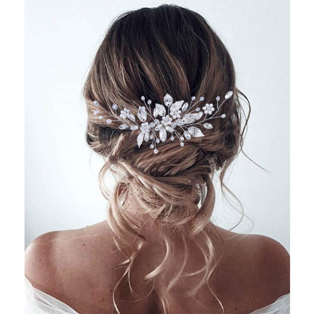 Gorais Leaf Bride Wedding Hair Comb Pearl Bridal Hair Piece Crystal Side Comb Hair Accessories for Women and Girls
