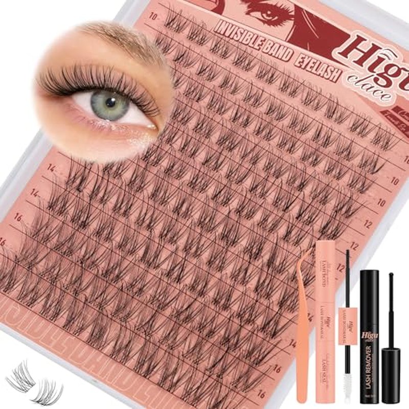 Higu clace Wispy Lash Clusters Kit, 120PCS Natural Lashes Clusters Kit with Lash Bond and Seal, C Curl Wispy Cluster Eyelash Extensions Natural Look with Clear Band Comfort Easy to use for Beginners
