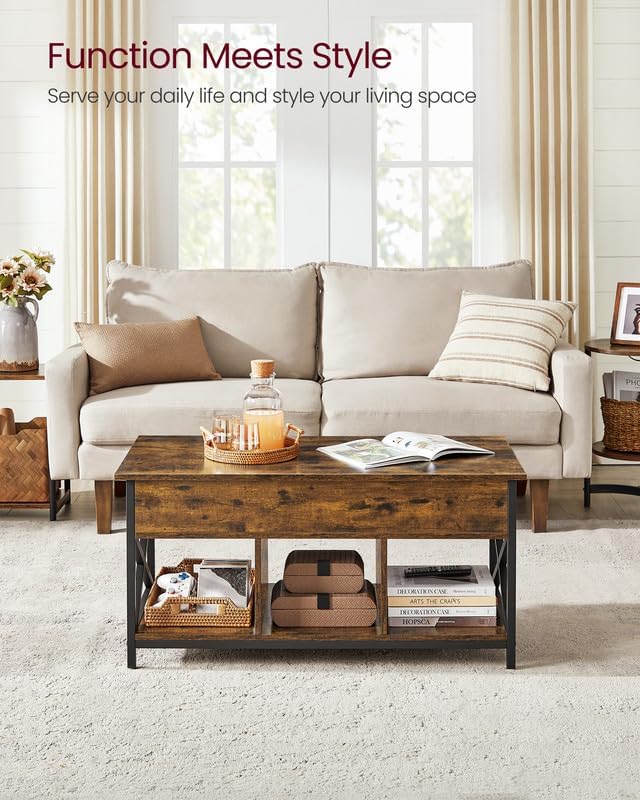 Lift-Top Coffee Table with Storage - Rustic Brown + Black, 39.4"W x 19.7"D, 3 Compartments