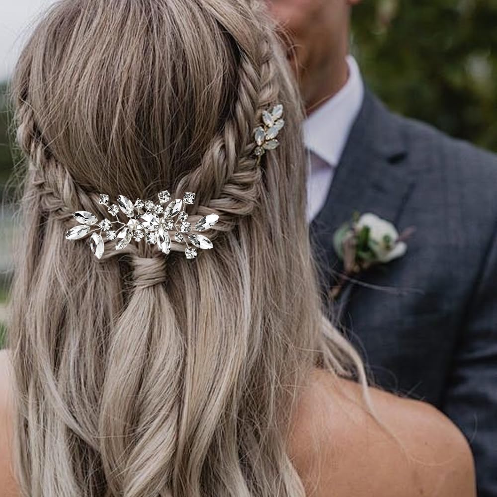 2PCS Silver Rhinestone Hair Combs, Clear Crystals Wedding Metal Hair Combs, Sparkly Crystal Bridal Hair Accessories for Bridesmaids Women Girls