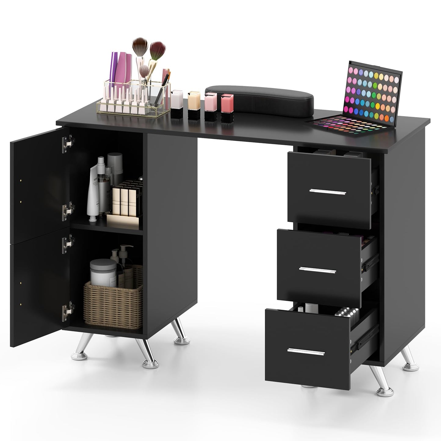 LDAILY Moccha Nail Desk, Manicure Table w/ 3 Drawers & 2 Storage Cabinets, Wrist Rest, 8 Metal Legs, Acetone Resistant Nail Tech Station for Salon Beauty, Home (Black)