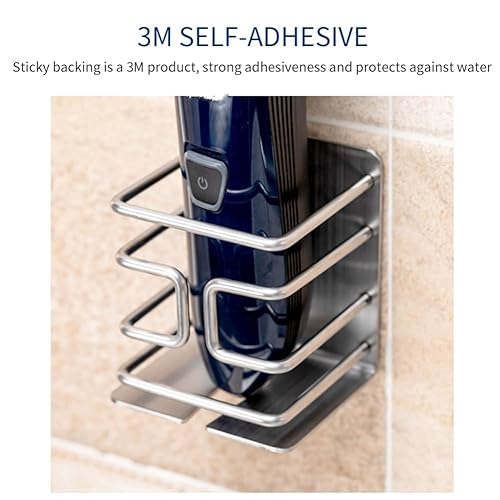 Electric Razor Holder Wall Mounted, 304 Stainless Steel Shaver Rack with 3M Self-Adhesive, Space-Saving Bathroom Organizer