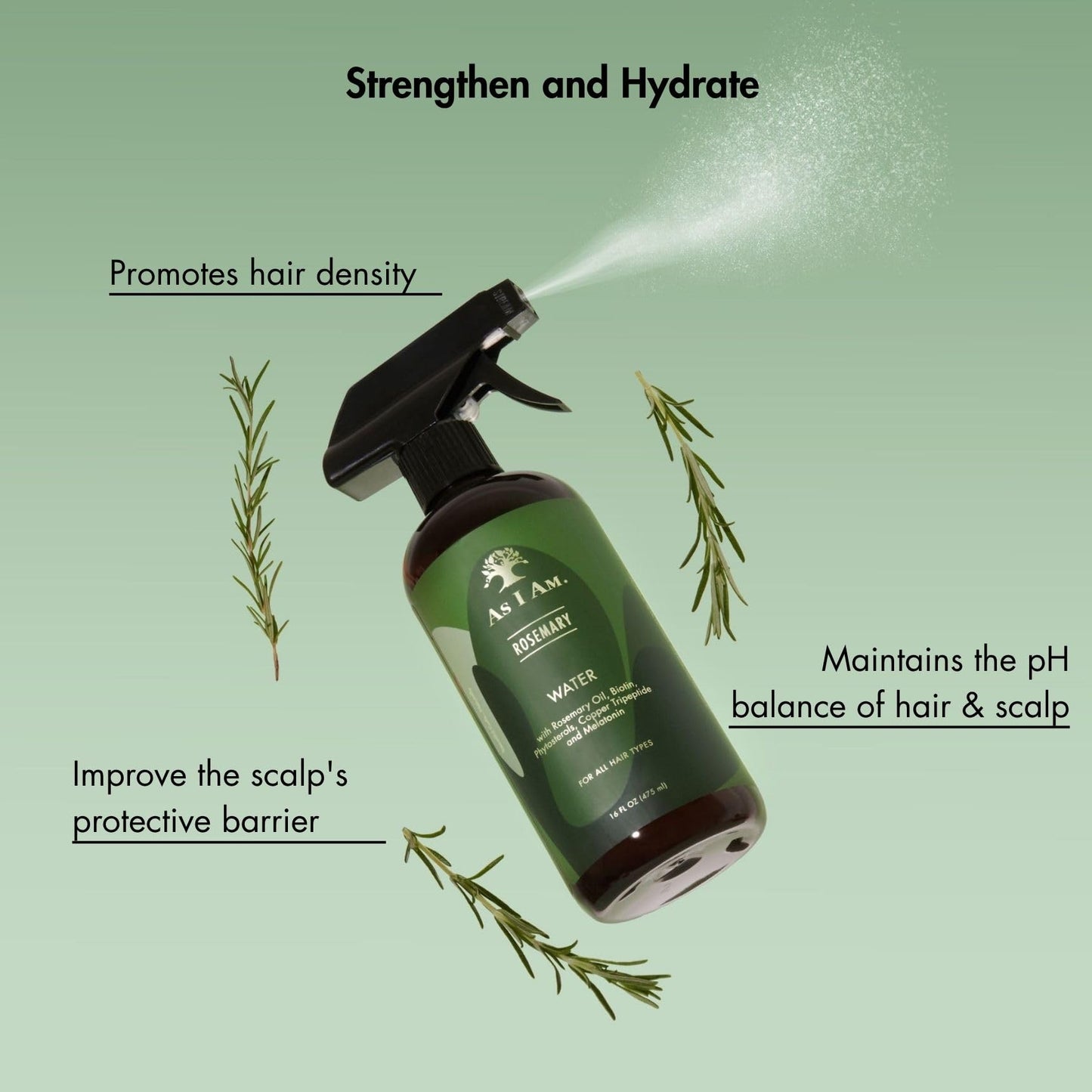 As I Am Rosemary Water 16 oz - Scalp Treatment for Hair Density - with Biotin & Saw Palmetto