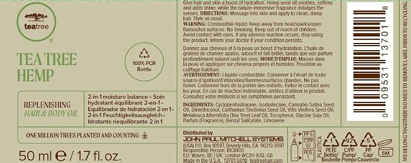 Tea Tree Hemp Replenishing Hair & Body Oil - 2-in-1 Hydrating Moisturizer, All Hair Types, 1.7 fl oz