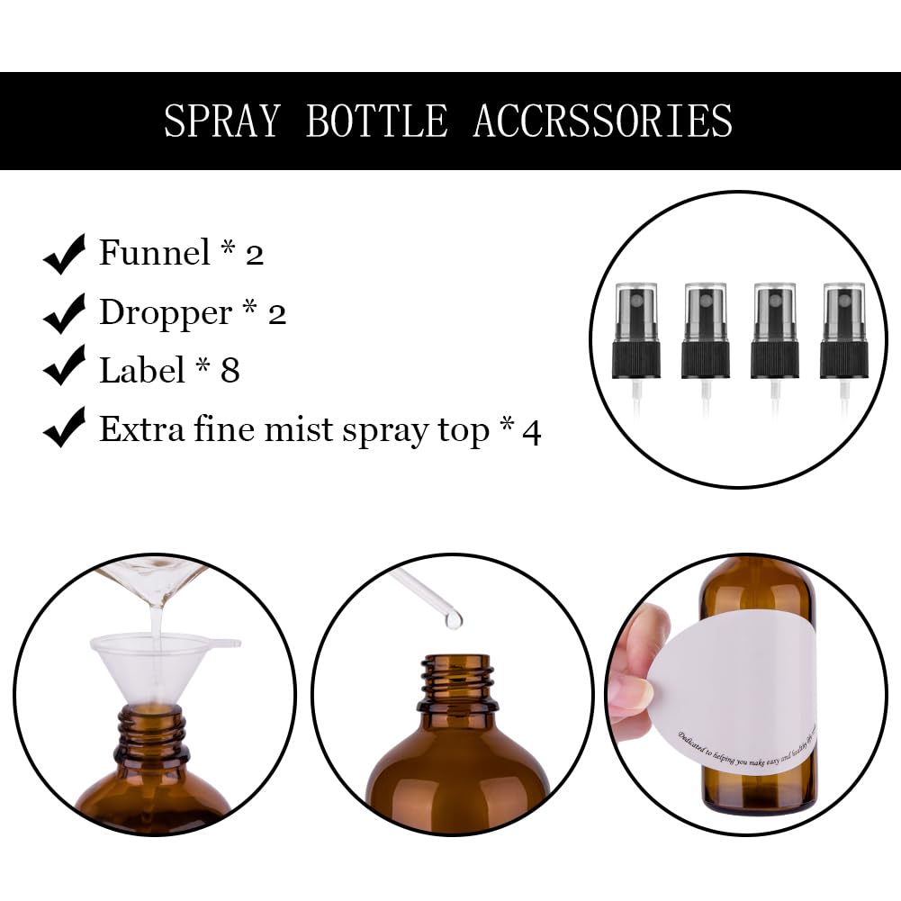 hmaimas Amber Glass Spray Bottles, 4 oz Small Spray Bottles Fine Mist, Set of 4 (Amber)