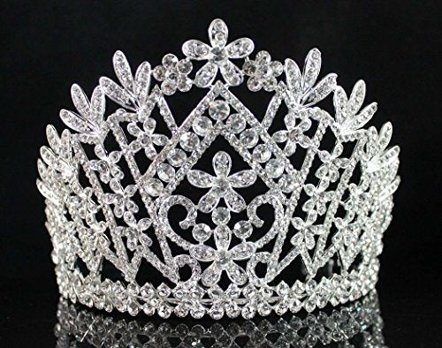 Silver Plated Daisy Austrian Rhinestone Tiara with Hair Combs - Bridal Prom Wedding Jewelry